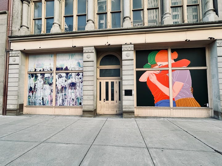 buildings, sidewalks, streets, clock, art