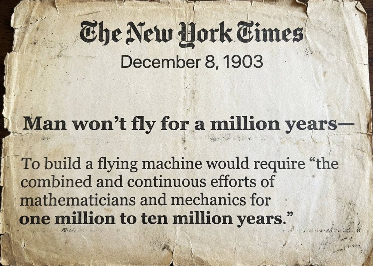 Oh...well. NYT! Note - just 9 days later, the Wright Brothers achieved  their first powered flight.
