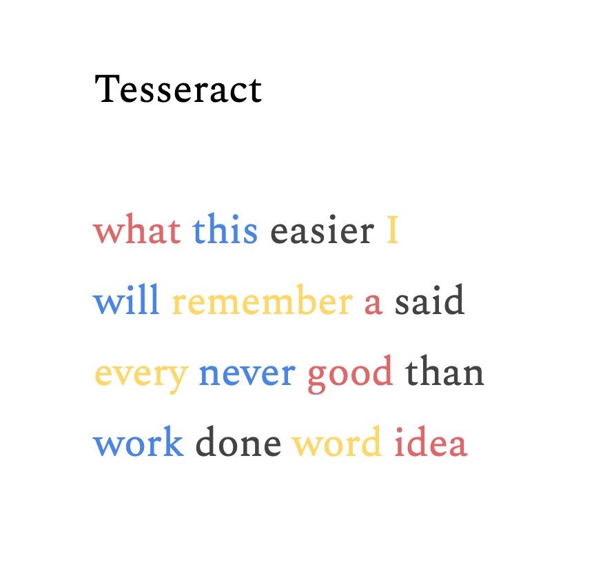 The printed text for Tesseract poem, with different words highlighted in red, blue and yellow. 