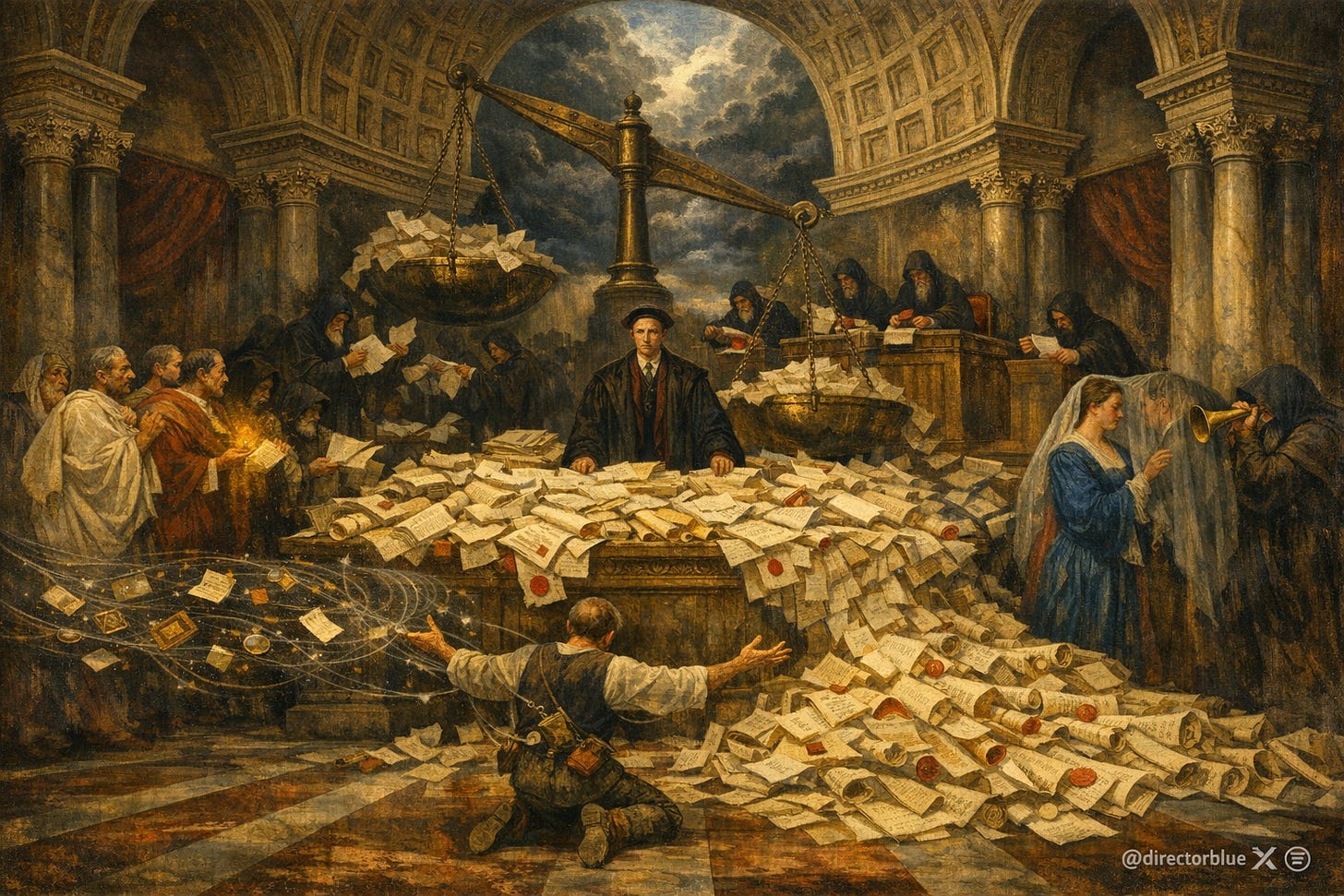 A grand Renaissance oil painting in the style of Raphael's "School of Athens," depicting the interior of a vast marble hall of justice with soaring classical columns and a coffered dome open to dramatic chiaroscuro skies. At the center, a lone robed prosecutor figure stands at a massive stone table overflowing with thousands of unfurled parchment scrolls and waxsealed subpoenas that cascade onto the floor and stretch to the edges of the composition. Behind him, rows of shadowy clerks in dark robes feed documents into an enormous bronze scalesofjustice mechanism that tilts ominously to one side. To the left, a group of startled senators in Roman togas recoil as hooded agents rifle through their private correspondence, some scrolls glowing with a faint golden light symbolizing protected speech. To the right, a woman in a dignified blue gown speaks privately with her counsel behind a translucent veil, while a hidden figure in the shadows holds a brass ear trumpet to the veil, secretly listening. In the foreground, a kneeling citizen in simple clothes has his arms outstretched as invisible hands pull threads of personal information — letters, coins, ledger books — from his pockets into a swirling vortex above the prosecutor's table. Three judges sit elevated on marble thrones in the background, faces partially obscured by shadow, stamping documents with large red seals without looking down. Through the open dome, a stormy sky parts to reveal a faint distant light of a republic's ideals — a small shining city on a hill — barely visible through the gathering clouds. Rich Venetian color palette of deep crimsons, ultramarine blues, and gold leaf accents. Cinematic 16:9 composition, hyperdetailed, museum quality, oil on canvas texture with visible brushstrokes. small subtle but visible watermark reading @directorblue X icon Substack icon Thanks.png A grand Renaissance oil painting in the style of Raphael's "School of Athens," depicting the interior of a vast marble hall of justice with soaring classical columns and a coffered dome open to dramatic chiaroscuro skies. At the center, a lone robed prosecutor figure stands at a massive stone table overflowing with thousands of unfurled parchment scrolls and waxsealed subpoenas that cascade onto the floor and stretch to the edges of the composition. Behind him, rows of shadowy clerks in dark robes feed documents into an enormous bronze scalesofjustice mechanism that tilts ominously to one side. To the left, a group of startled senators in Roman togas recoil as hooded agents rifle through their private correspondence, some scrolls glowing with a faint golden light symbolizing protected speech. To the right, a woman in a dignified blue gown speaks privately with her counsel behind a translucent veil, while a hidden figure in the shadows holds a brass ear trumpet to the veil, secretly listening. In the foreground, a kneeling citizen in simple clothes has his arms outstretched as invisible hands pull threads of personal information — letters, coins, ledger books — from his pockets into a swirling vortex above the prosecutor's table. Three judges sit elevated on marble thrones in the background, faces partially obscured by shadow, stamping documents with large red seals without looking down. Through the open dome, a stormy sky parts to reveal a faint distant light of a republic's ideals — a small shining city on a hill — barely visible through the gathering clouds. Rich Venetian color palette of deep crimsons, ultramarine blues, and gold leaf accents. Cinematic 16:9 composition, hyperdetailed, museum quality, oil on canvas texture with visible brushstrokes. small subtle but visible watermark reading @directorblue X icon Substack icon Thanks.png