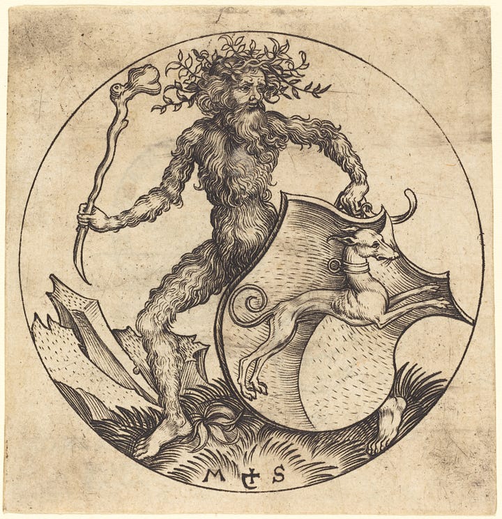 Martin Schongauer, Wild Man Holding a Shield with a Greyhound, c. 1480-1490, Wild Woman Holding a Shield with a Lion's Head MET