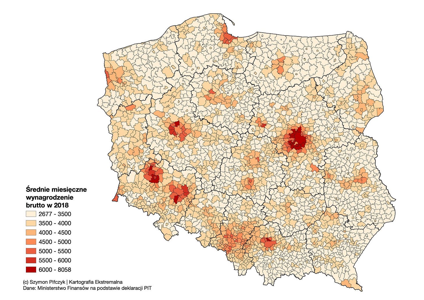 May be an image of map and text that says 'Średnie miesięczne wynagrodzenie brutto 2018 2677 3500 3500-4000 3500 4000 4500 5000 5500-6000 5500 6000 8058 (င) Szymon Pifczyk Kartografia Ekstremalna Dane Ministerstwo Finansów na podstawie deklaracji PIT' May be an image of map and text that says 'Średnie miesięczne wynagrodzenie brutto 2018 2677 3500 3500-4000 3500 4000 4500 5000 5500-6000 5500 6000 8058 (င) Szymon Pifczyk Kartografia Ekstremalna Dane Ministerstwo Finansów na podstawie deklaracji PIT'