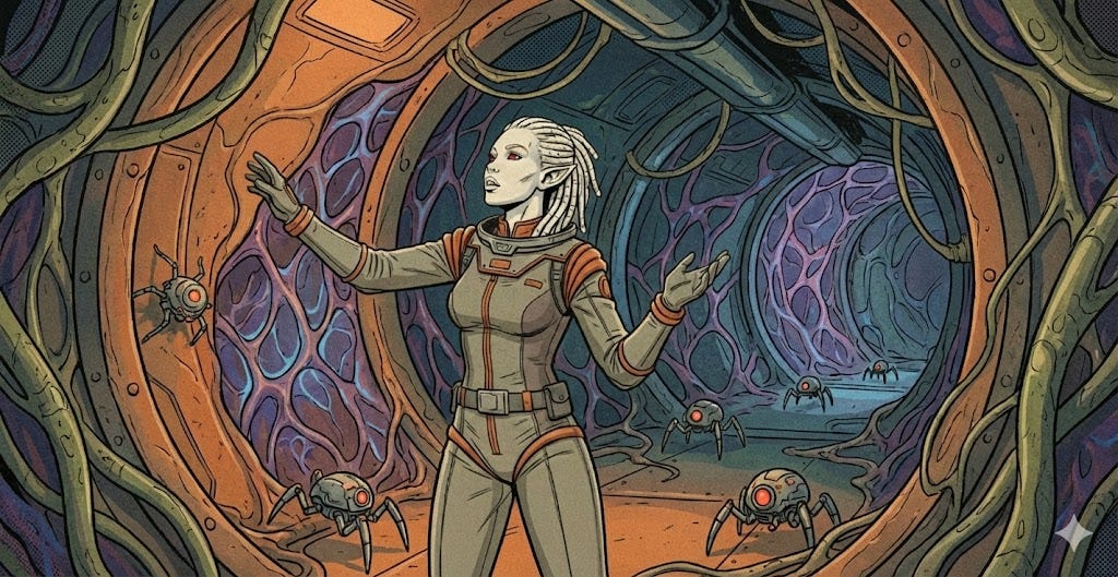 Noel in her space horror, Tideborn queen Abyssa and Doc dancing with a Roselite the vampire in her poisoned dress. Noel in her space horror, Tideborn queen Abyssa and Doc dancing with a Roselite the vampire in her poisoned dress.