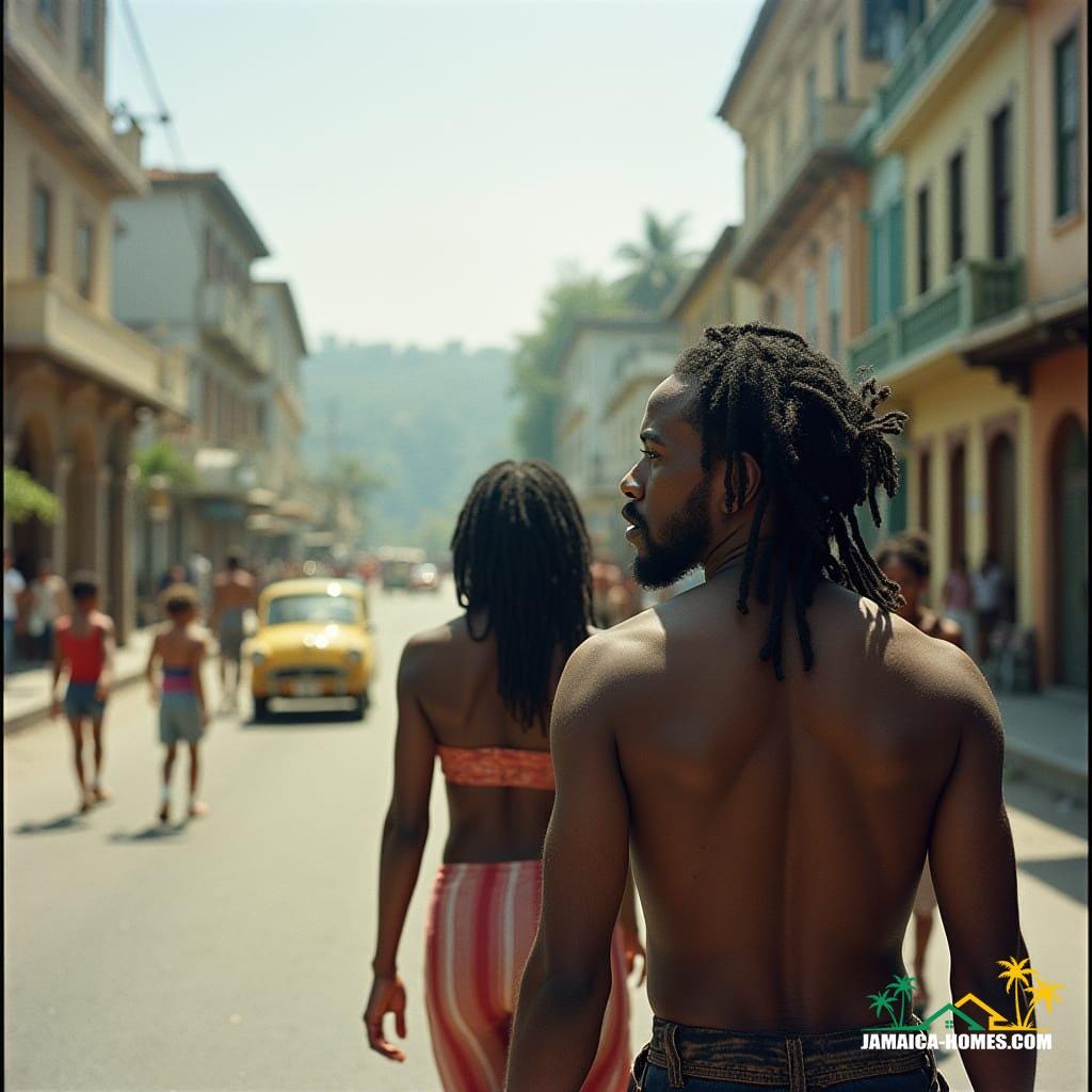 Jamaican man with dreadlocks and woman walking on a lively street