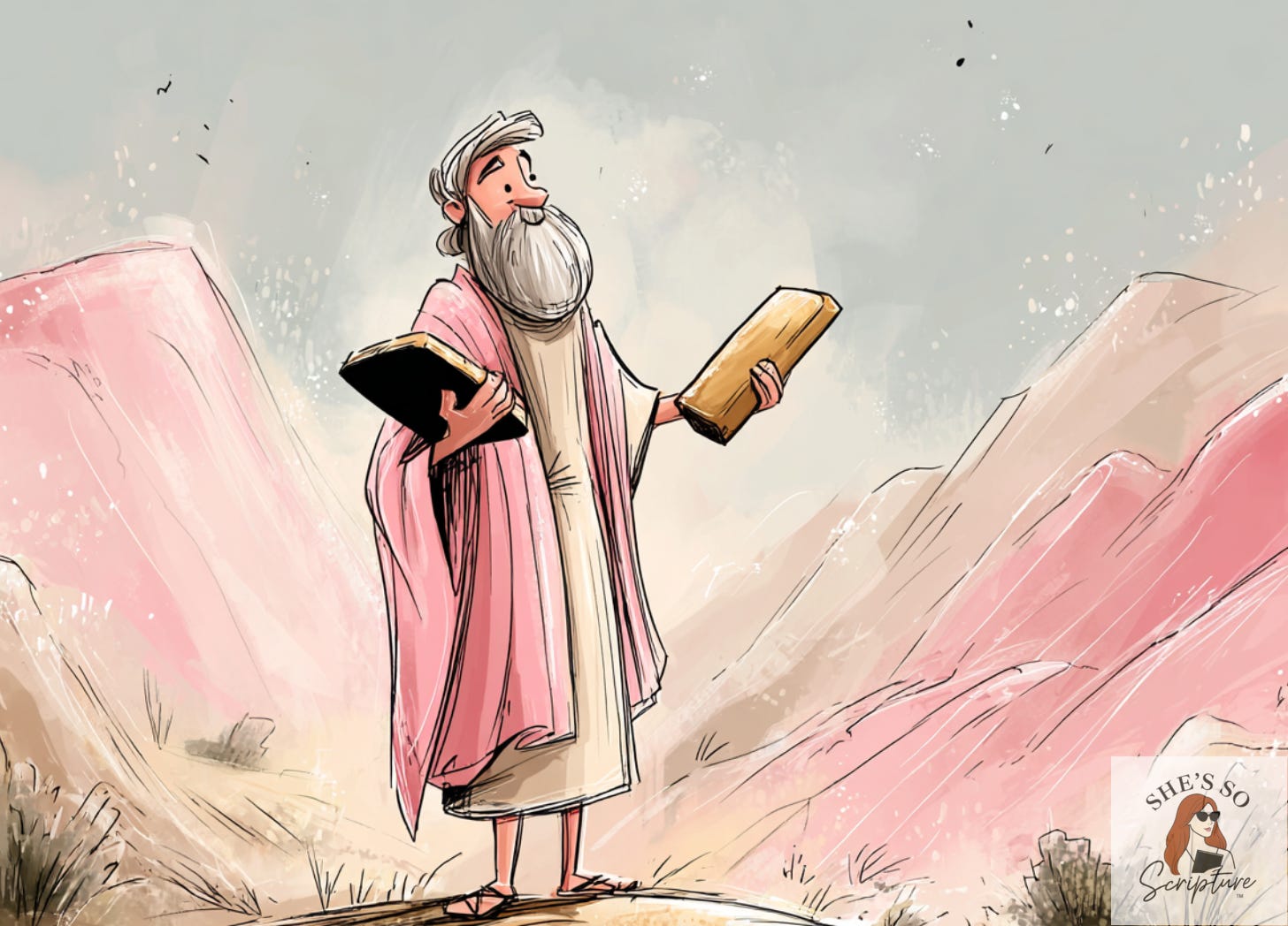 watercolor style illustration of Moses receiving the commandments on a mountain, no idols or statues present, warm golden light, muted earth tones, minimalistic ancient Near Eastern landscape, contemplative mood, gentle textures. Moses is holding two stone tablets watercolor style illustration of Moses receiving the commandments on a mountain, no idols or statues present, warm golden light, muted earth tones, minimalistic ancient Near Eastern landscape, contemplative mood, gentle textures. Moses is holding two stone tablets