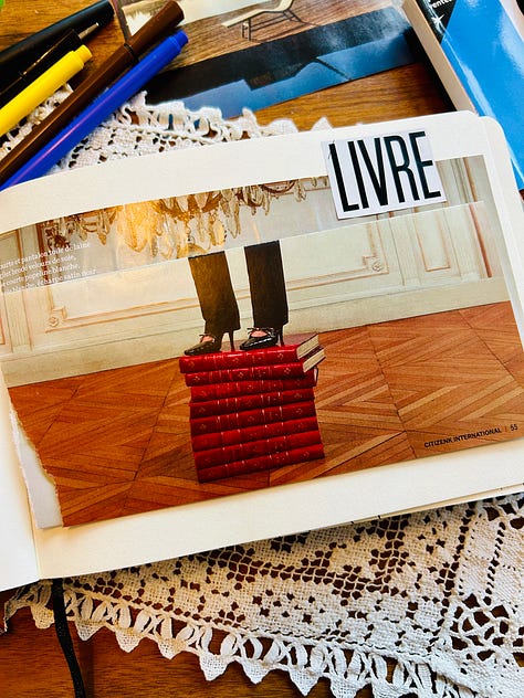 Photos of the journal of Karen Bussen, with magazine clippings, water color tries and notes