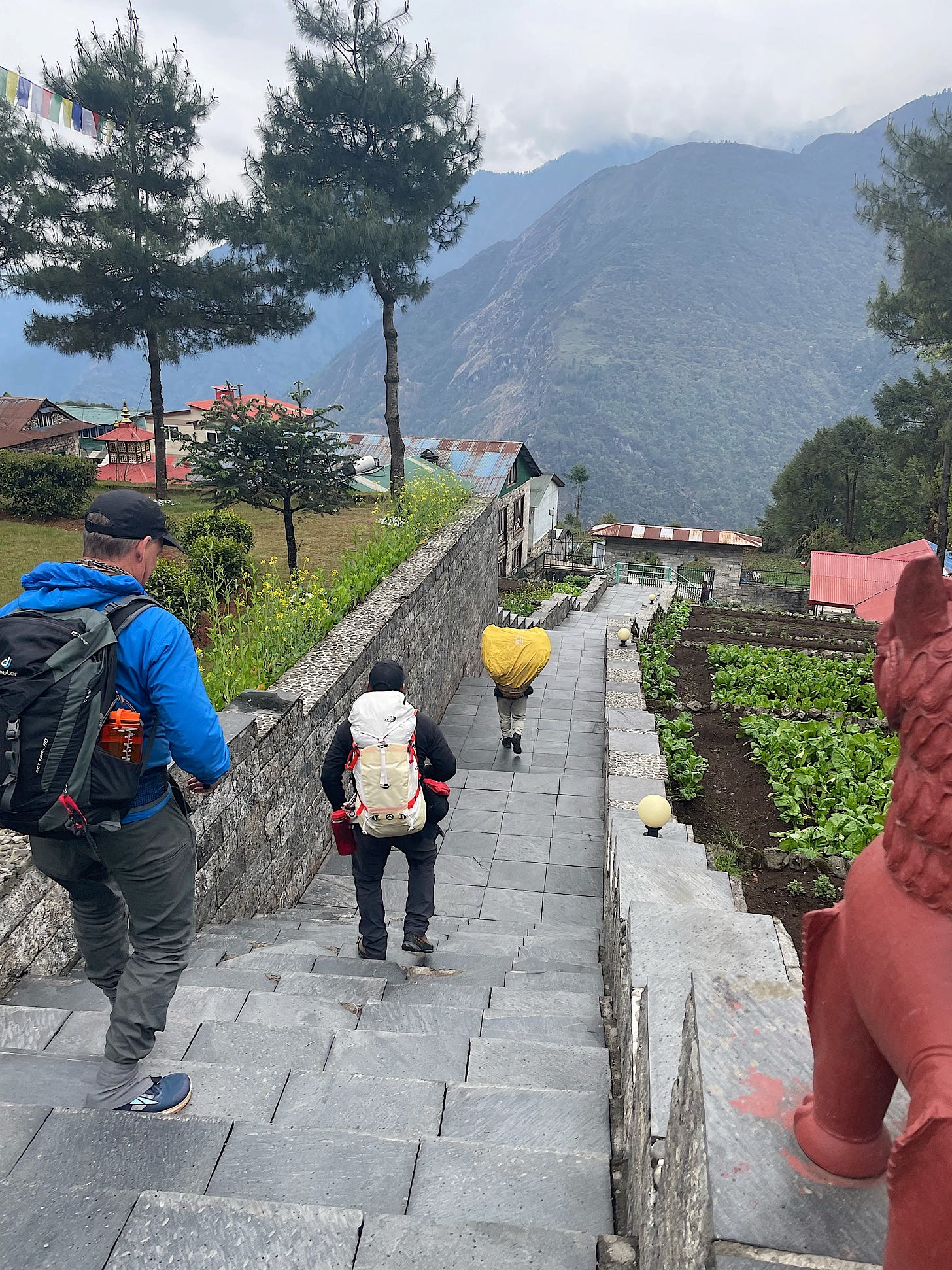 Walking back down the stairs from the Mountain Lodge in Lukla. Our porter Mila led the way, followed by Bala and then Chris. That was the last we saw of Mila that day.