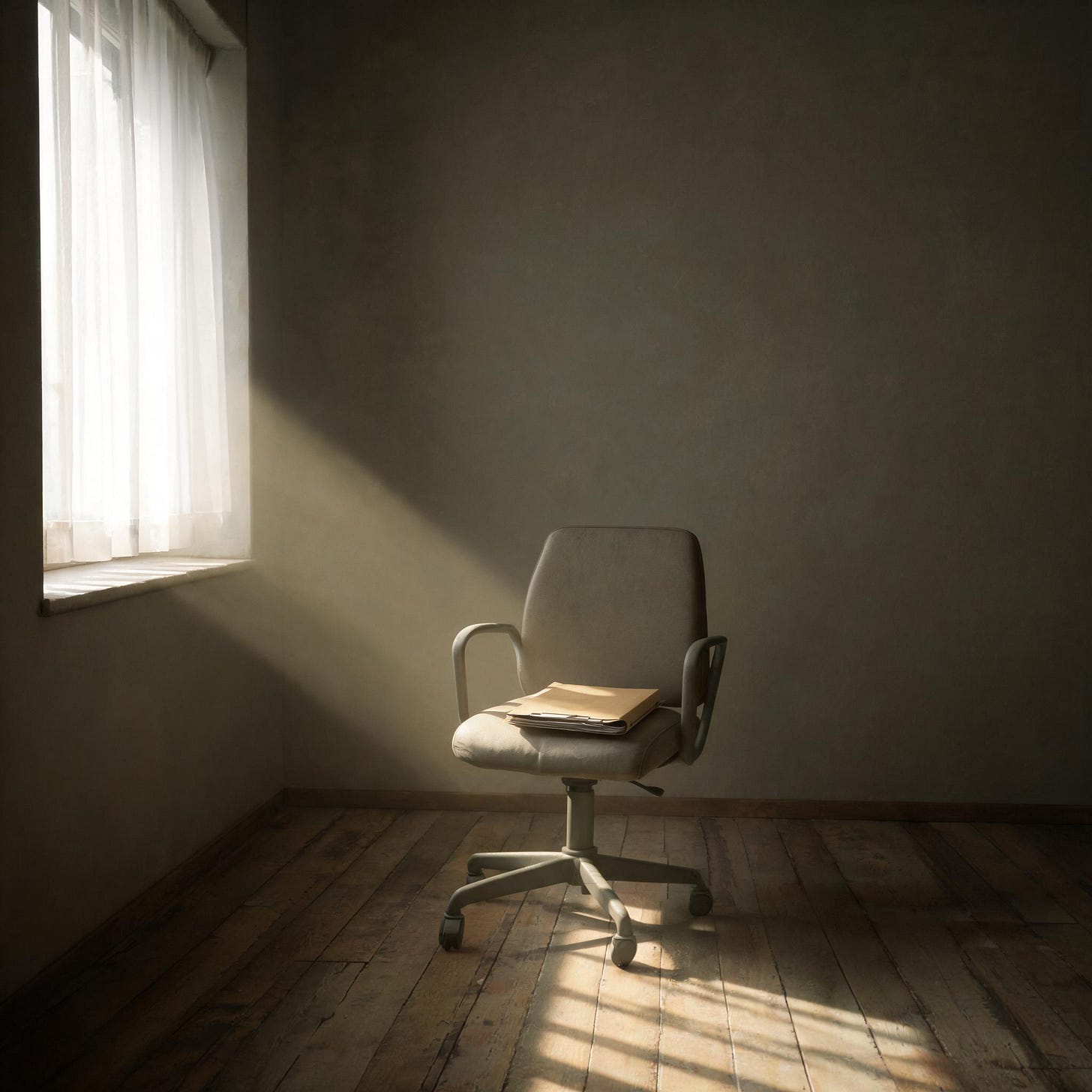 An empty clinical chair beside a closed window, a manila folder resting on the seat. Soft grey light falls across an otherwise bare room. The emptiness suggests a patient who has already been told everything is fine.