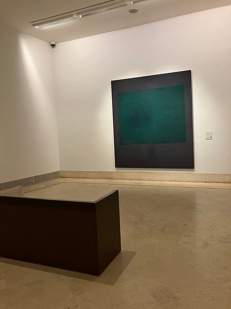 three views of the green and purple Rothko painting, shown whole, in its room with a bench, and in detail.