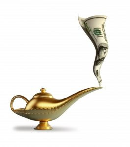 a dollar bill coming out of a genie bottle like smoke