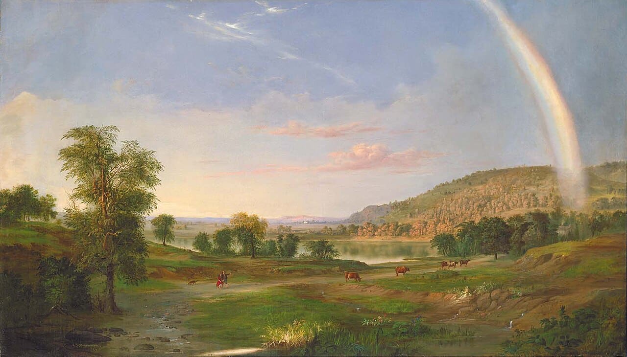 A peaceful American pastoral valley with cattle and a couple under a gentle rainbow A peaceful American pastoral valley with cattle and a couple under a gentle rainbow
