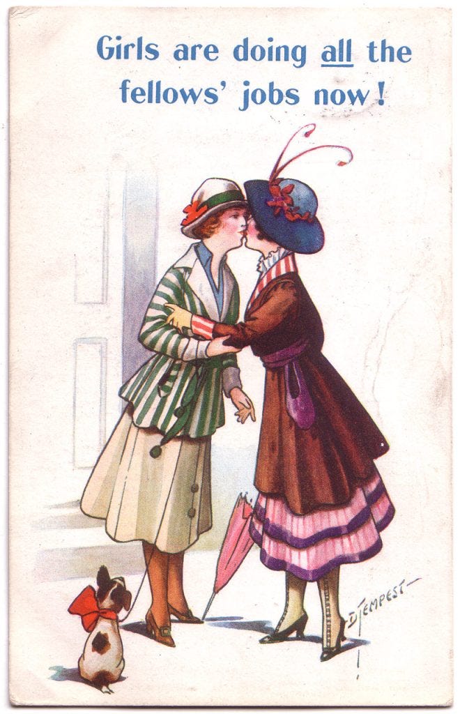 This cartoon uses its iconography to present a dangerous "slippery slope," using thinly veiled references to lesbianism to stoke fears of male emasculation, playing on the social tensions from American women having entered traditionally male trades during World War I.