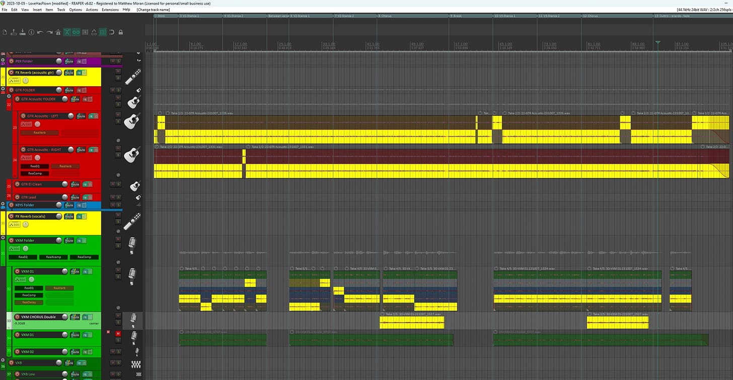 An image of my recording software showing highlighted guitar and vocal tracks.