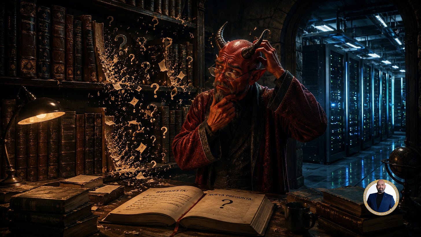 Diablo anciano y pensativo en una biblioteca antigua frente a un moderno centro de datos. La imagen representa el contraste entre la sabiduría tradicional, la experiencia acumulada y la era de la inteligencia artificial, donde la abundancia de información obliga a cuestionar las certezas del pasado.