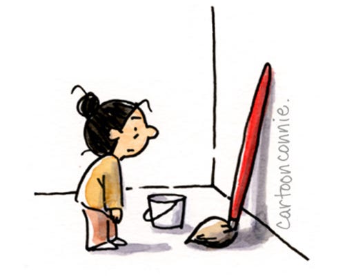 Illustration of a cartoon girl with a bun standing in front of a giant paint brush and bucket, by Connie Sun, cartoonconnie, 2025.