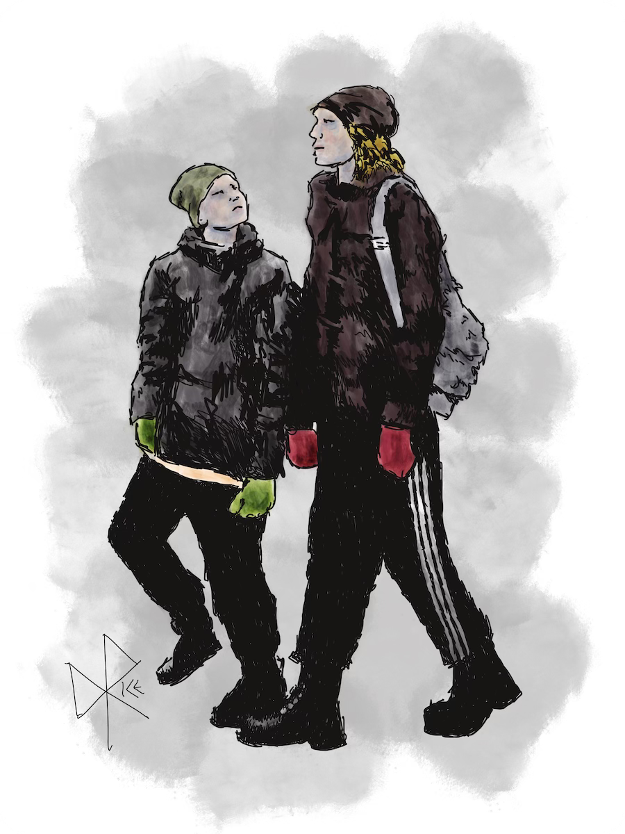A young boy and a woman walking next to each other in winter. The boy is looking over his shoulder and up at the woman, questioningly. Sketch art by Don Rice.