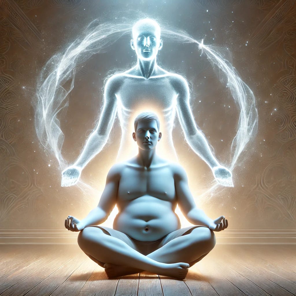 A depiction of a slightly overweight individual sitting cross-legged in a meditative pose, radiating calm energy. The person's spirit, an ethereal, glowing version of them, is shown in a similar meditative pose slightly above their physical form. The spirit is creating an abstract representation of fasting into existence, symbolized by light energy forming a cycle around the two figures. The background is a tranquil, softly lit space with faint spiritual motifs and a serene atmosphere.