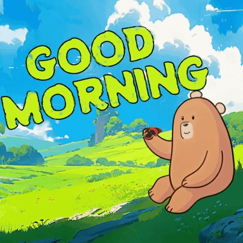 A cartoon bear sits on a grassy field. A butterfly is perched on his hand. Text says good morning. A cartoon bear sits on a grassy field. A butterfly is perched on his hand. Text says good morning.