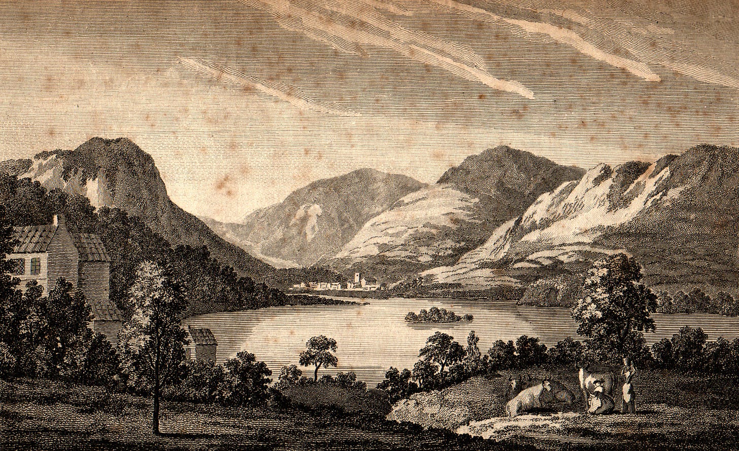 engraving, lake with knobbly hills around it