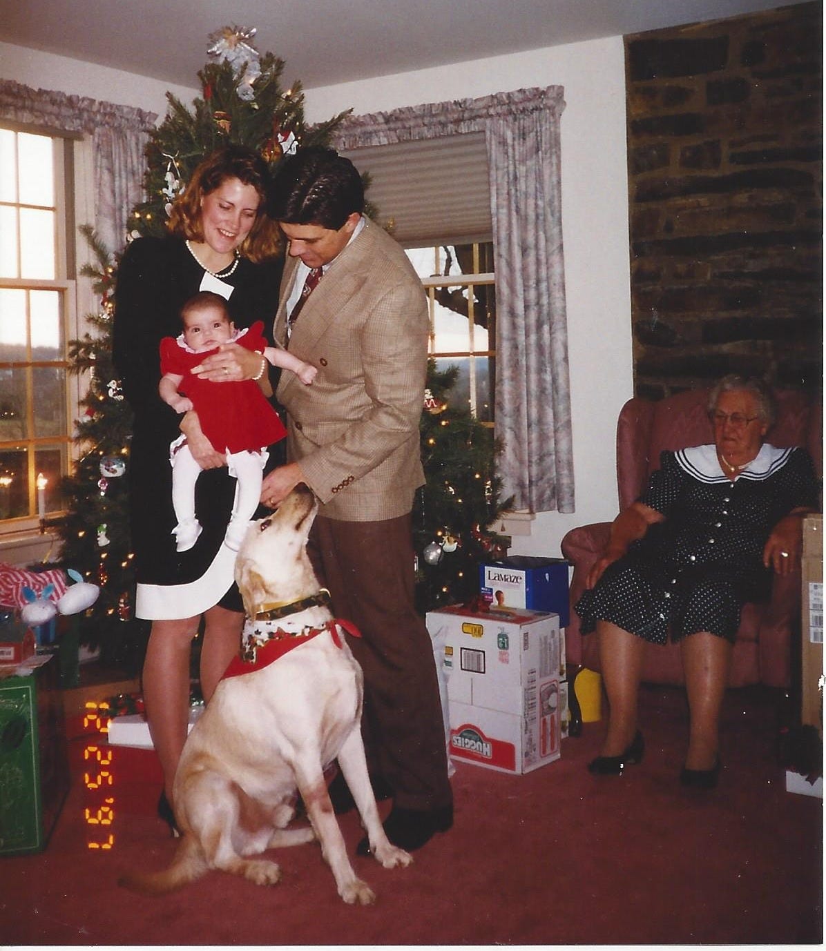 Young parents pose with their new baby and the dog in front of the Christmas tree while great-grandmom looks on Young parents pose with their new baby and the dog in front of the Christmas tree while great-grandmom looks on