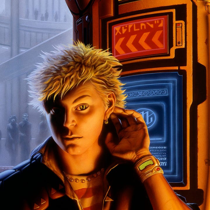 LEFT: Figure detail from CATSPAW featuring the protagonist brightly lit in front of a display screen. Over his shoulder, the view out of the alley reveals a futuristic city street where people are strolling by. RIGHT: Close detail from CATSPAW featuring the protagonist probing the skin just behind his ear. His irises are vibrant green with pupils spilt down the center like a cat's eyes.