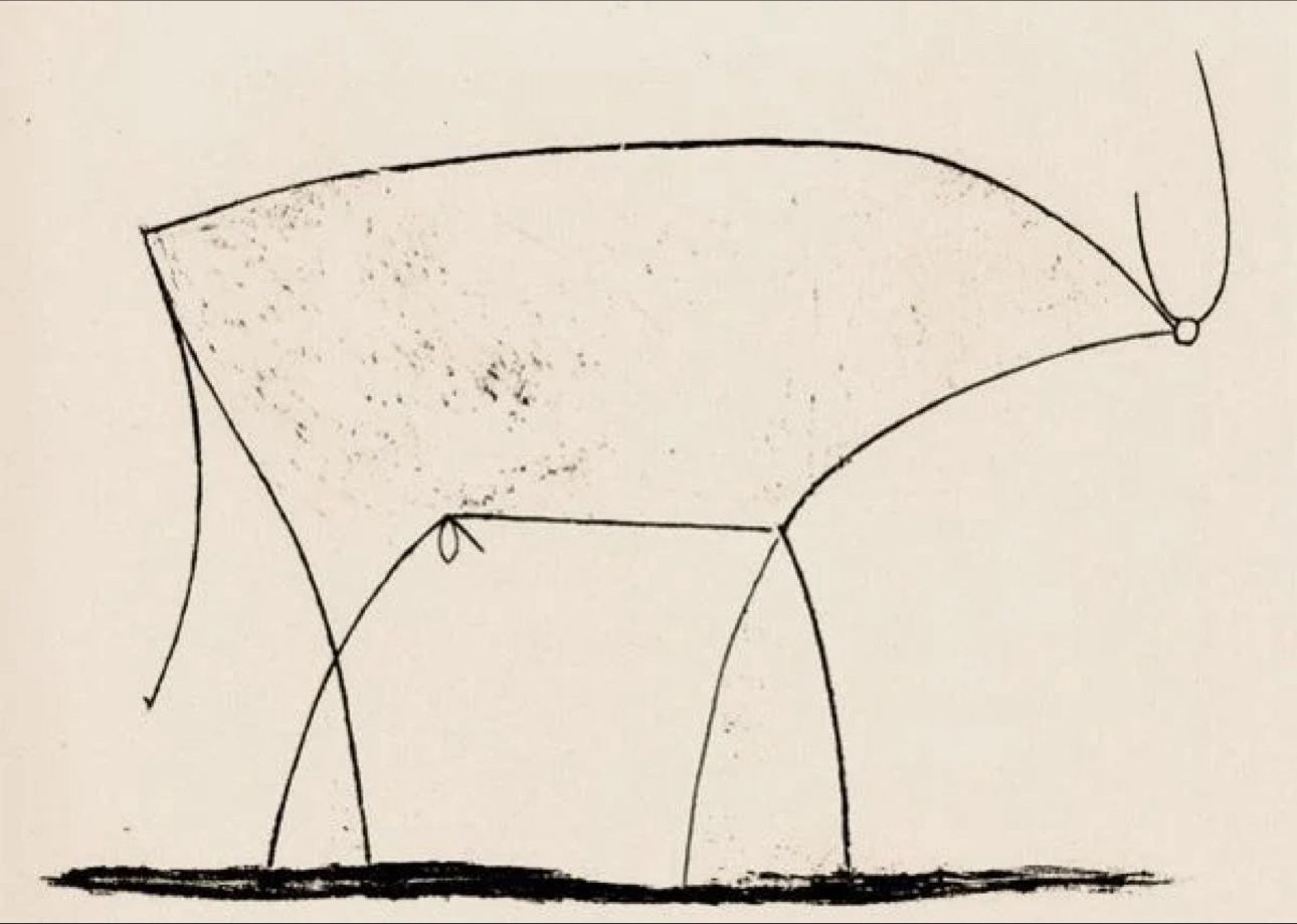 Desenho minimalista do touro de Picasso, composto por traços simples e essenciais. A imagem ilustra a ideia de concisão na escrita: retirar o supérfluo e deixar apenas o necessário para comunicar com clareza e força.