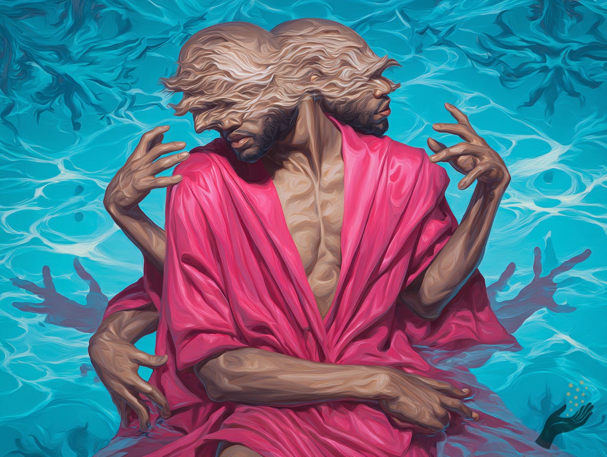 A two-headed figure in a bright pink robe stands in blue water with arms raised, while a hair-like veil covers the eyes of both faces against a bright blue background.