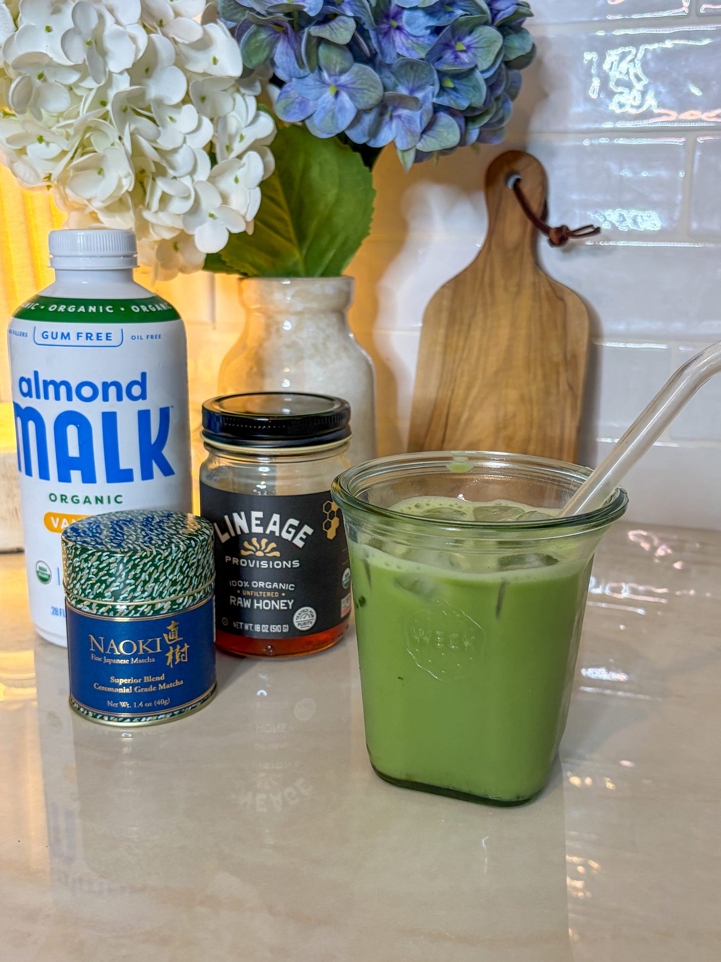 bright green matcha in a glass jar 