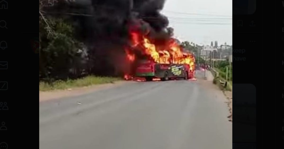 A bus burns in Mozambique