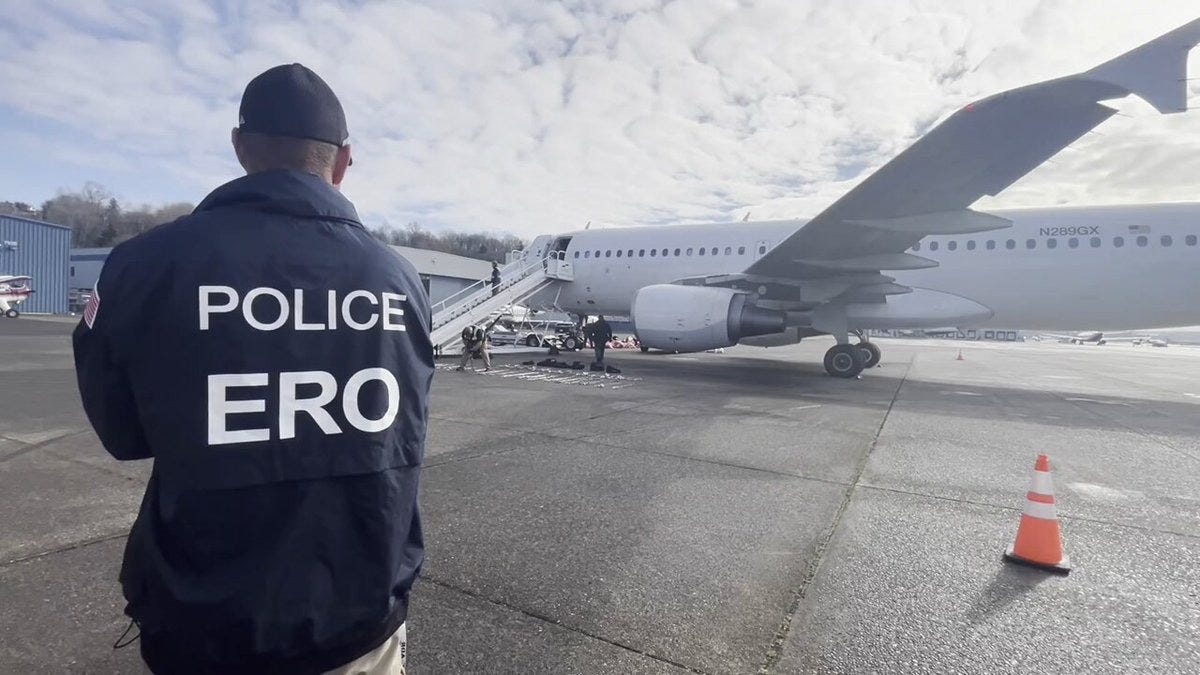 ICE Enforcement & Removal Operations (ERO) officer watches over a departing flight of deportees ICE Enforcement & Removal Operations (ERO) officer watches over a departing flight of deportees