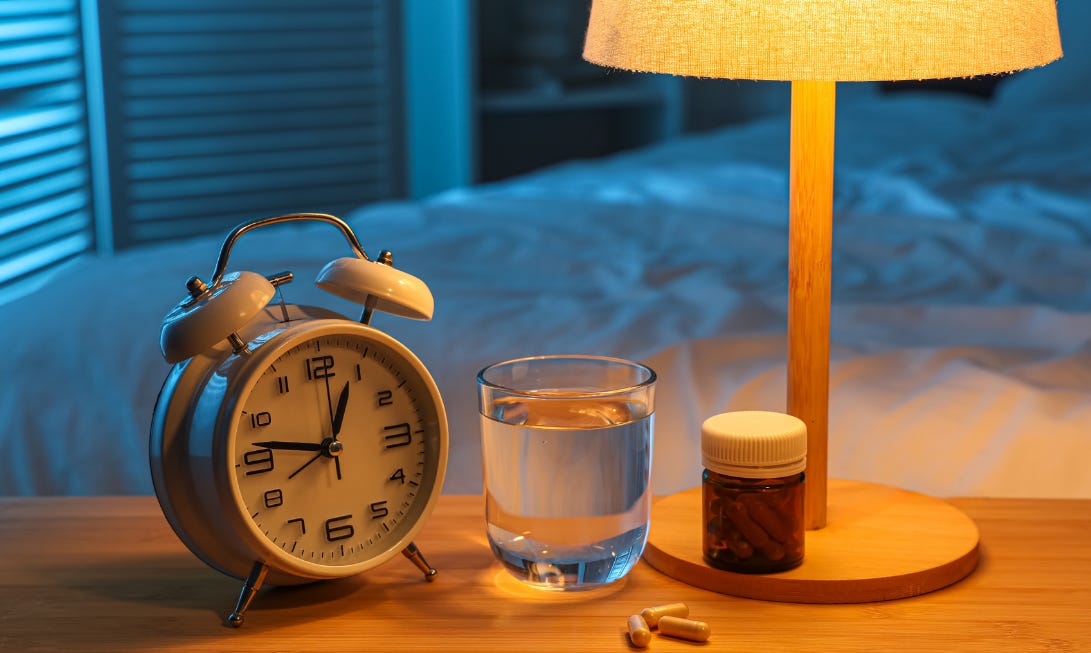 Dark bedroom, warm lamp on nightstand, clock showing 12:47am.