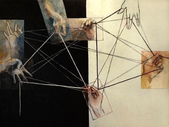 This may contain: an abstract painting with multiple lines and hands