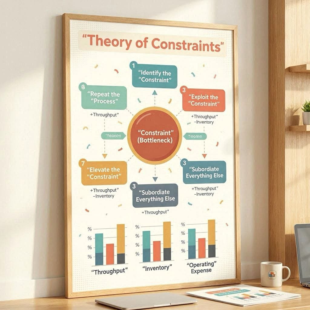Poster showing the Theory of Constraints 5 focusing steps: Identify the Constraint, Exploit, Subordinate, Elevate, and Repeat the Process