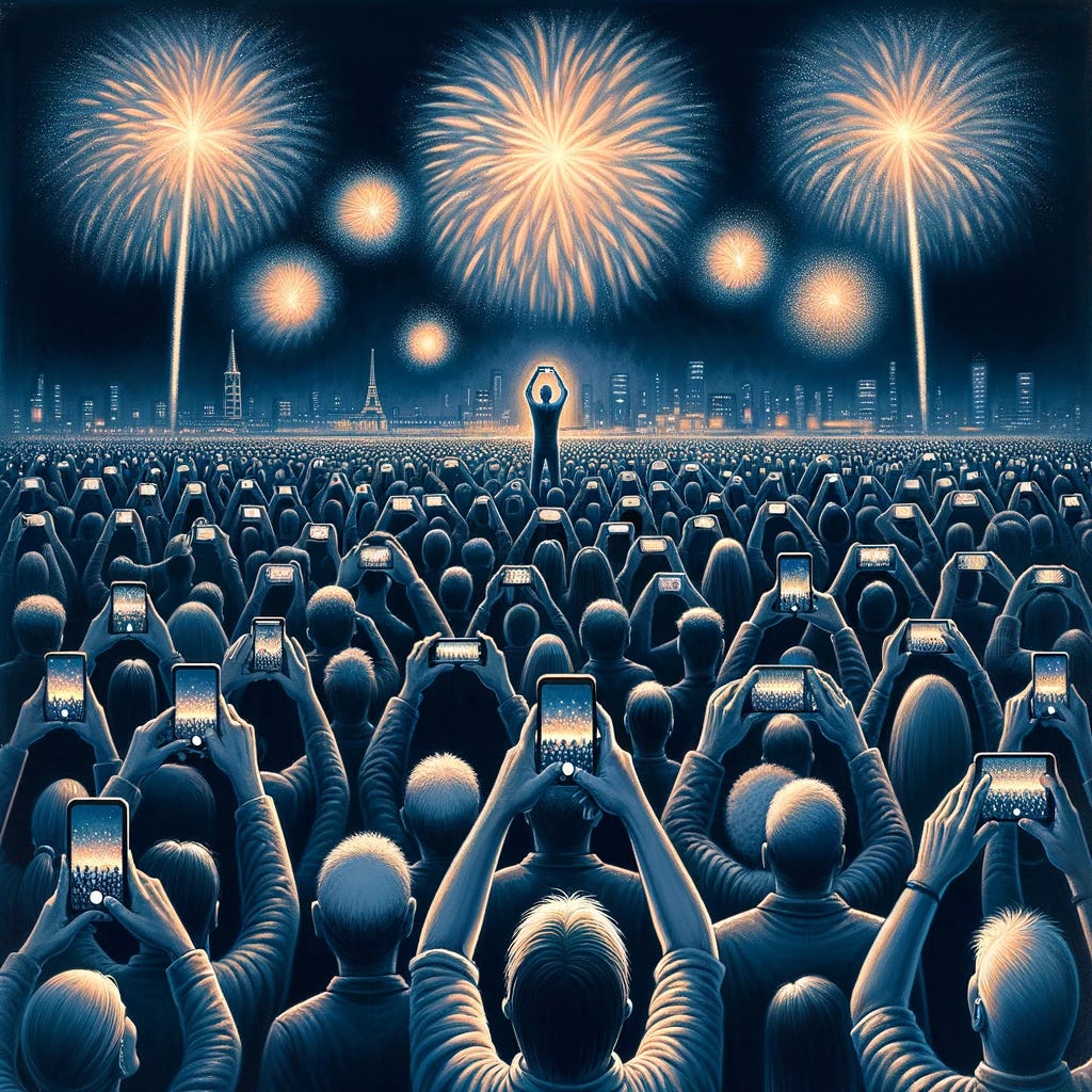 A striking and symbolic cover image for a blog post about the phenomenon of people recording events instead of experiencing them directly. The image should depict a crowd of people at a fireworks display, all holding up their smartphones to record the event, with no one actually watching the fireworks directly. The scene should convey the irony of missing the beauty of the moment by focusing on capturing it through a screen. The image should evoke a sense of detachment and the contrast between experiencing life firsthand and through digital devices. A striking and symbolic cover image for a blog post about the phenomenon of people recording events instead of experiencing them directly. The image should depict a crowd of people at a fireworks display, all holding up their smartphones to record the event, with no one actually watching the fireworks directly. The scene should convey the irony of missing the beauty of the moment by focusing on capturing it through a screen. The image should evoke a sense of detachment and the contrast between experiencing life firsthand and through digital devices.