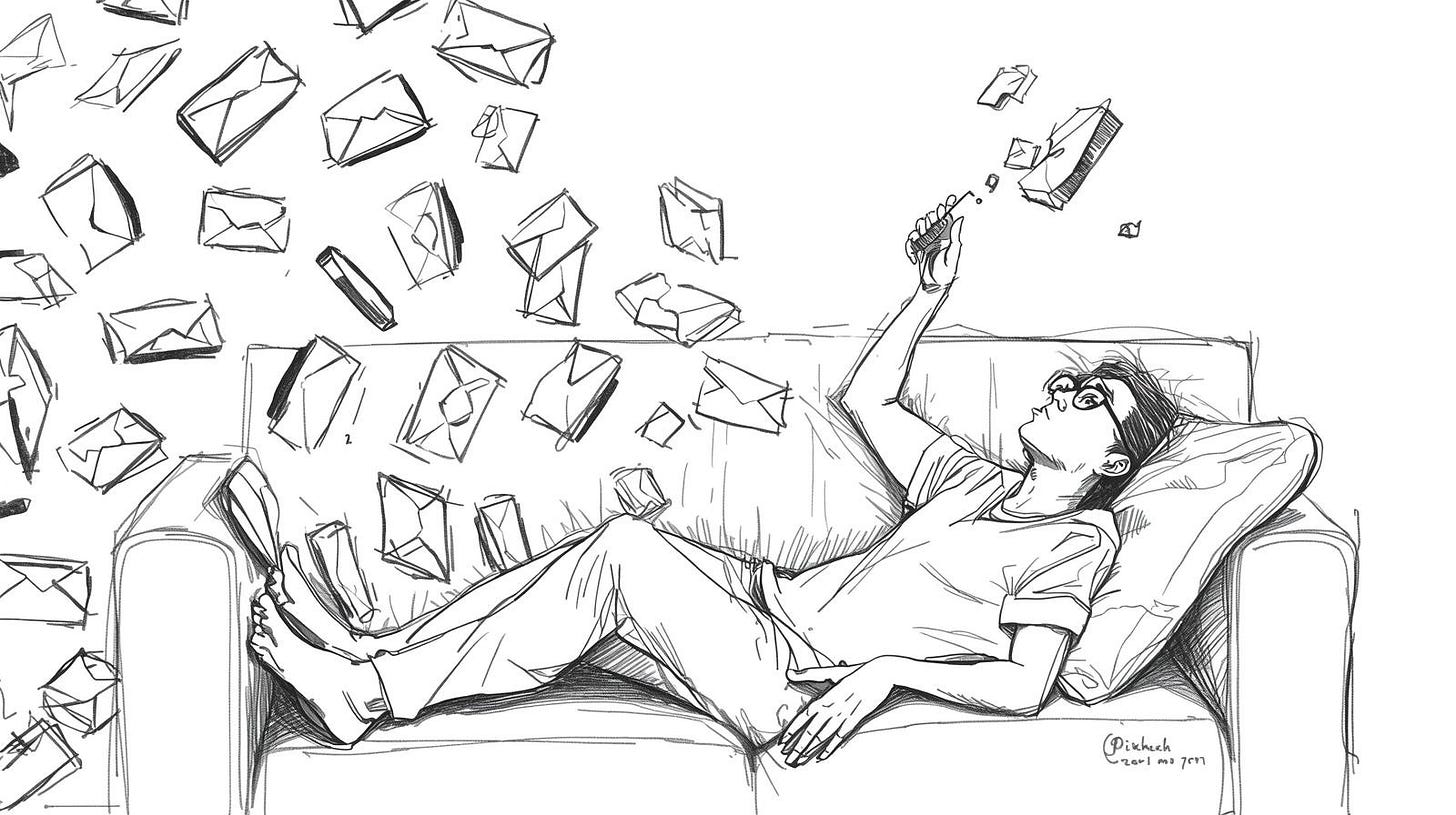 Sleeping figure ignoring falling envelopes but reaching for one organic content fragment