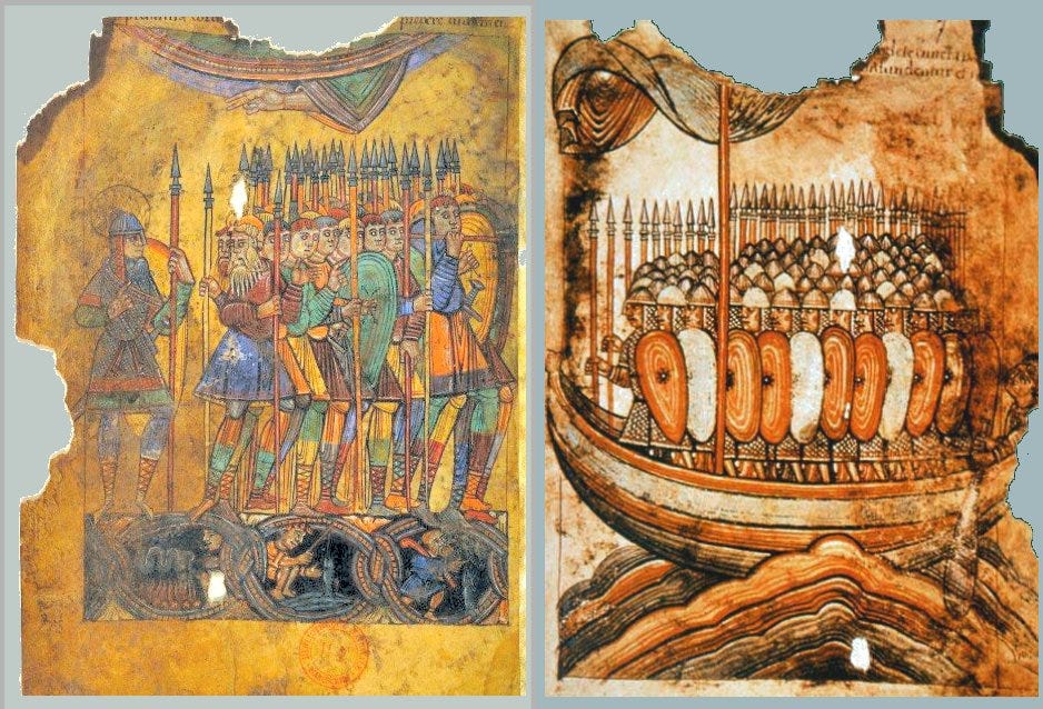 Vikings attacking Guerande from the Life of St. Aubin.