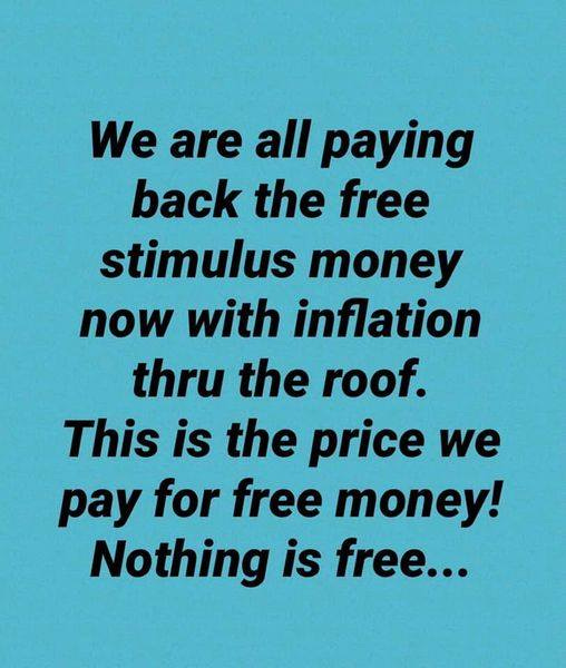 May be an image of text that says 'We are all paying back the free stimulus money now with inflation thru the roof. This is the price we pay for free money! Nothing is free...'