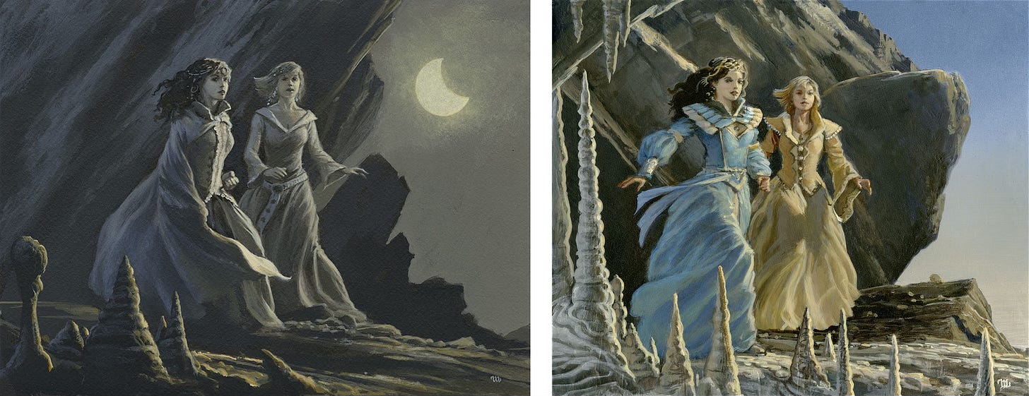A pair of painted studies. LEFT: Black and white painted study of Moiraine and Nynaeve with dresses flowing with their motion. Behind them the cave wall gives way to the night sky where a gibbous moon hangs suspended near the edge of the panel. RIGHT: Color figure study of Moiraine in blue dress and Nynaeve in yellow. The foreground is filled with needle like stalagmites pointing up. In the background, the rock face gives way to blue sky as they seem to be exiting the cave.