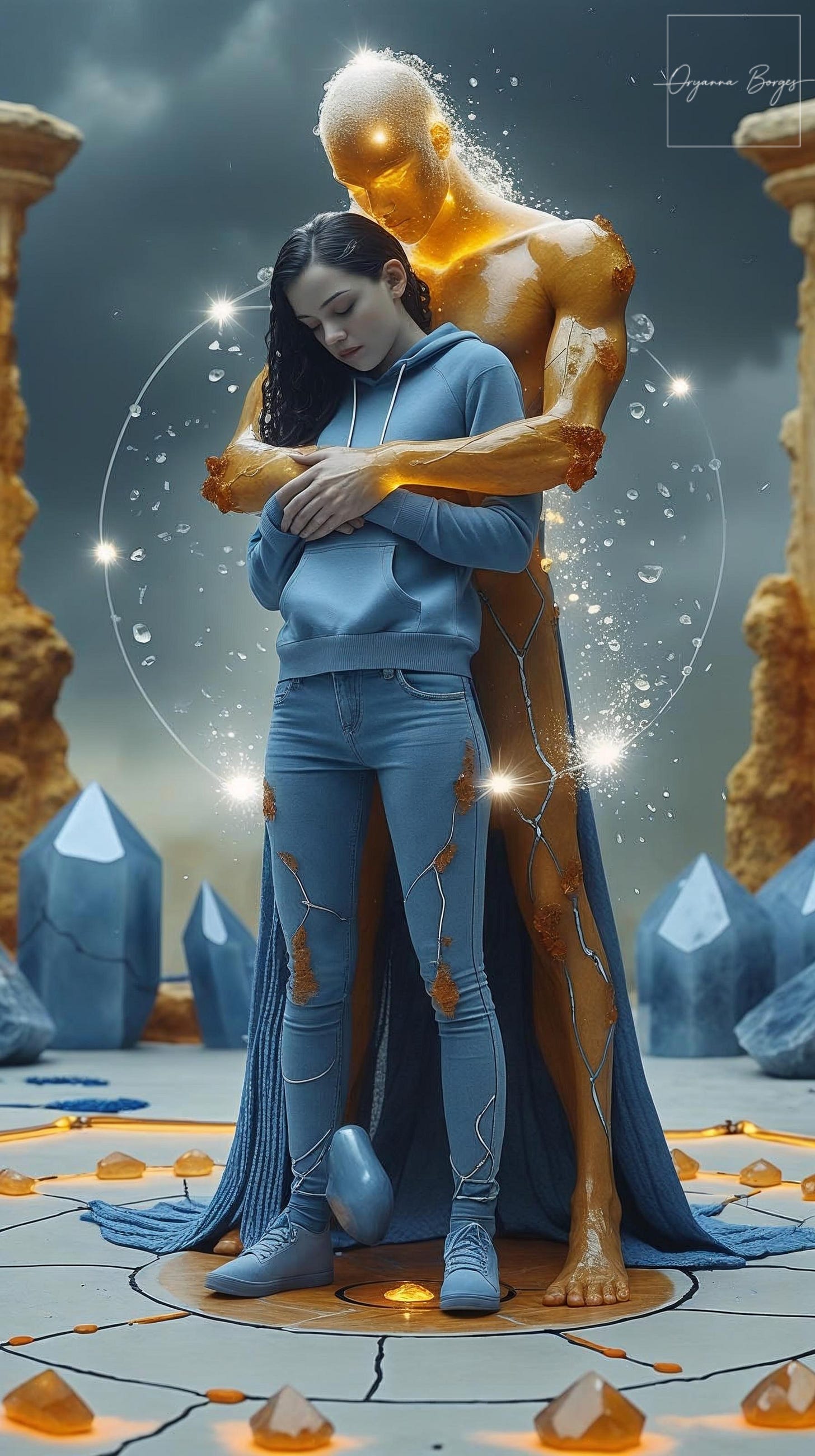 Uma jovem de moletom, jeans e fones de ouvido, de olhos fechados, recebe um abraço total e protetor de um corpo esguio e longilíneo de luz âmbar com longos cabelos negros lisos, formando um casulo-abraco. Eles estão em um Templo de Cristais rústico místico com arcos de pedra que revelam um cosmos cósmico vibrante. O chão tem um diagrama mágico (mandala) com runas e palavras como 'fehre', 'delírio', 'toque', 'proteção', 'ébrio', 'L.U.', o símbolo do infinito. A imagem visualiza o conceito de contenção proprioceptiva, limerência e escrita como refúgio sensorial.