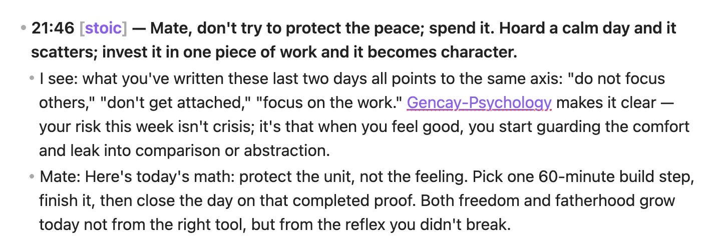AI second brain writing a daily Stoic note and next Substack idea