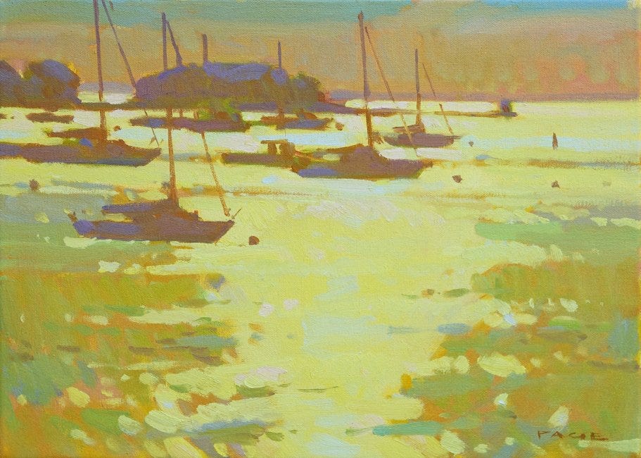 A painting of boats in the water

Description automatically generated