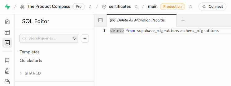 delete from supabase_migrations.schema_migrations in Supabase