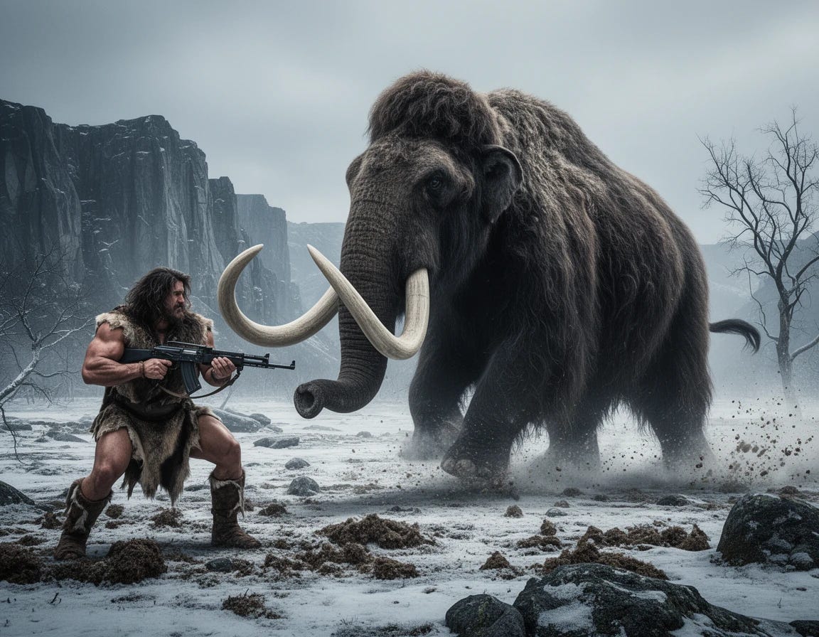 Caveman fighting a whooly mammoth with a machine gun Caveman fighting a whooly mammoth with a machine gun