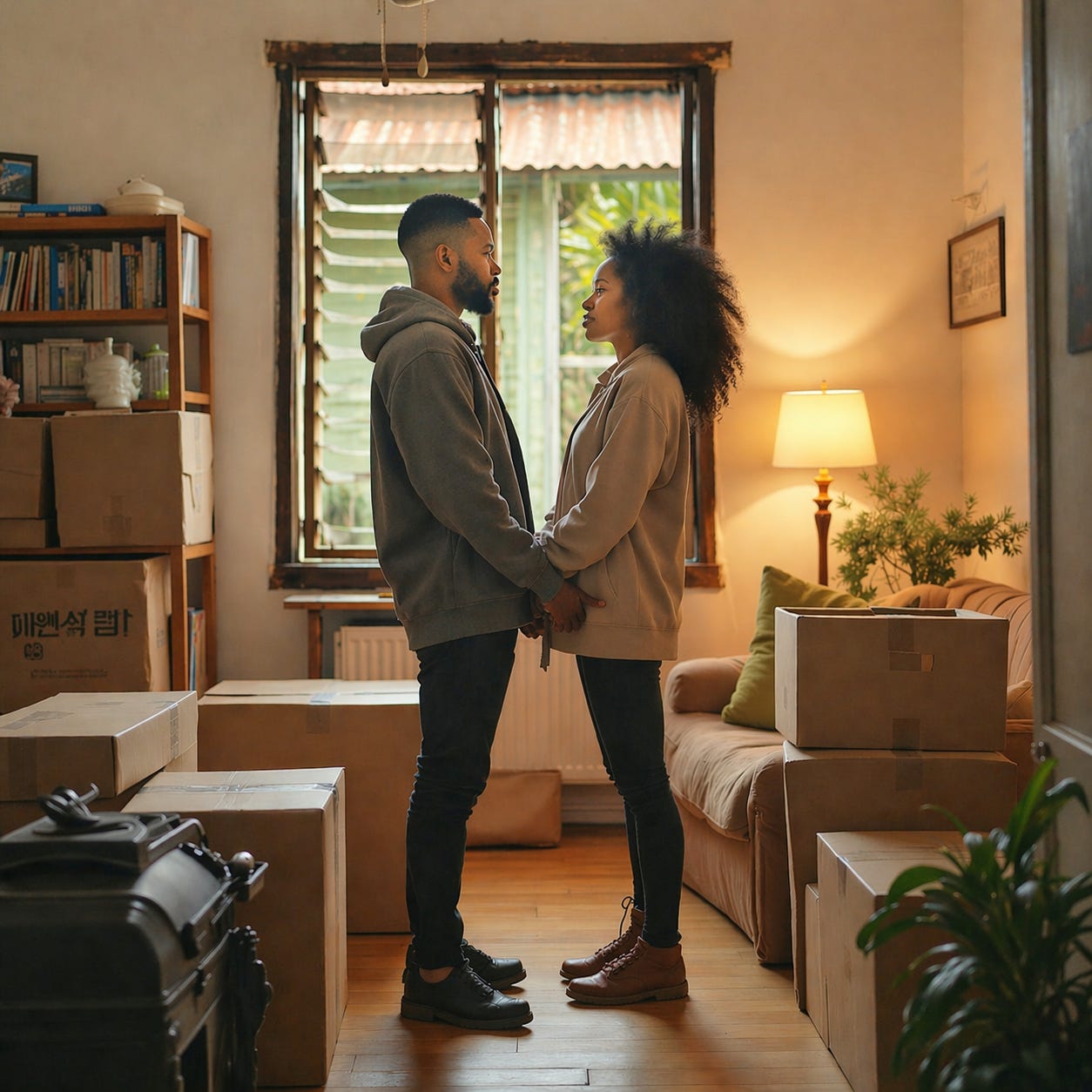 New beginnings, same love—holding on to each other while everything else is in boxes.