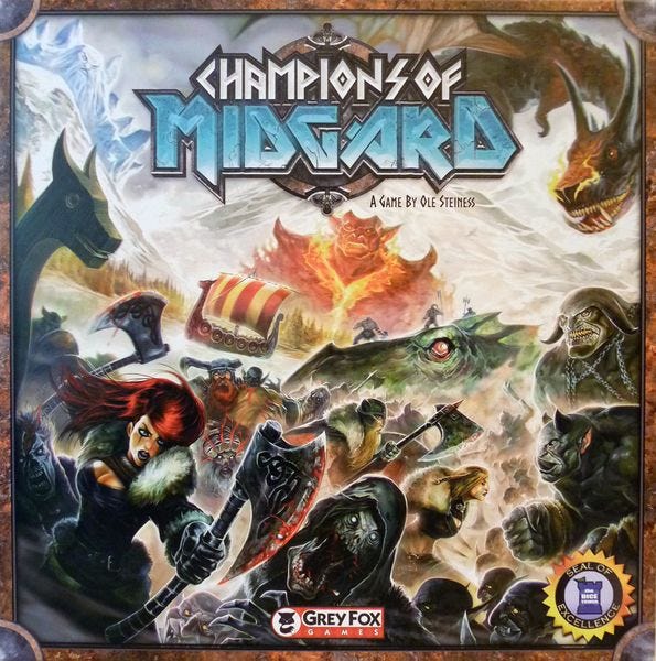 Box front of Grey Fox Games second edition of Champions of Midgard.