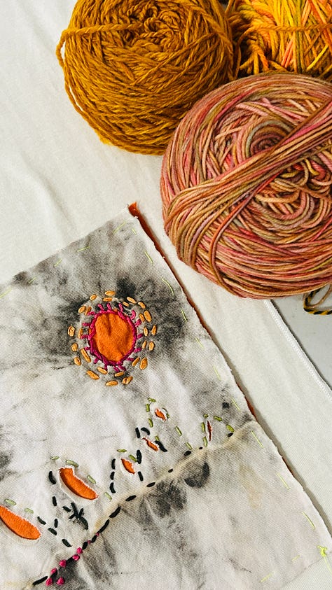 Three images of homemade walnut ink on cotton, with hand stitching.