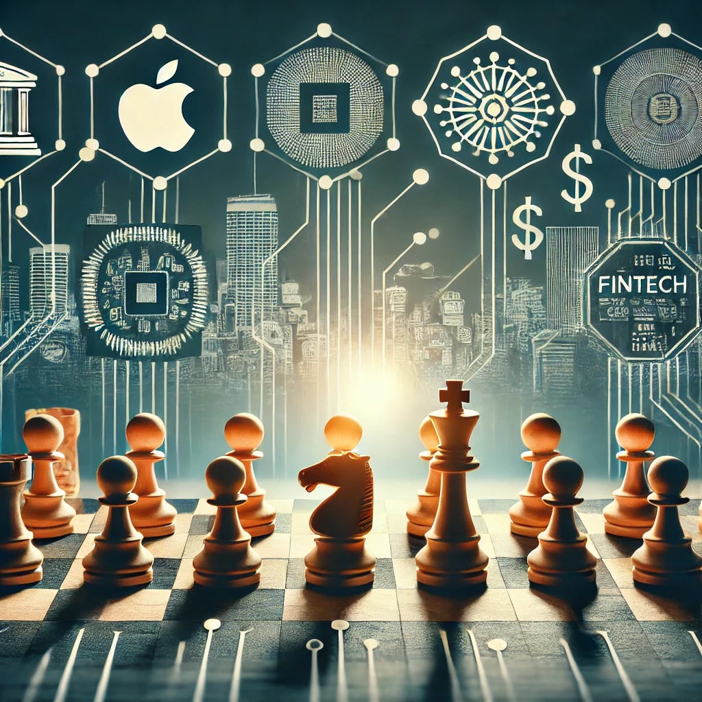 A chessboard with fintech icons as chess pieces, symbolizing the strategic landscape of fintech companies versus Silicon Valley tech firms. The image should have a modern and financial aesthetic.