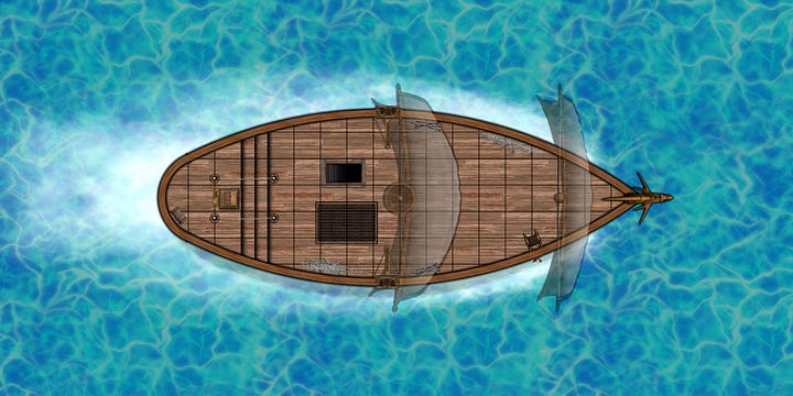 A ship sails on the blue ocean waters.