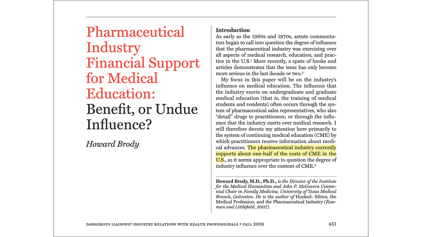 Pharmaceutical industry financial support for medical education: benefit, or undue influence? (Brody, 2009) Pharmaceutical industry financial support for medical education: benefit, or undue influence? (Brody, 2009)