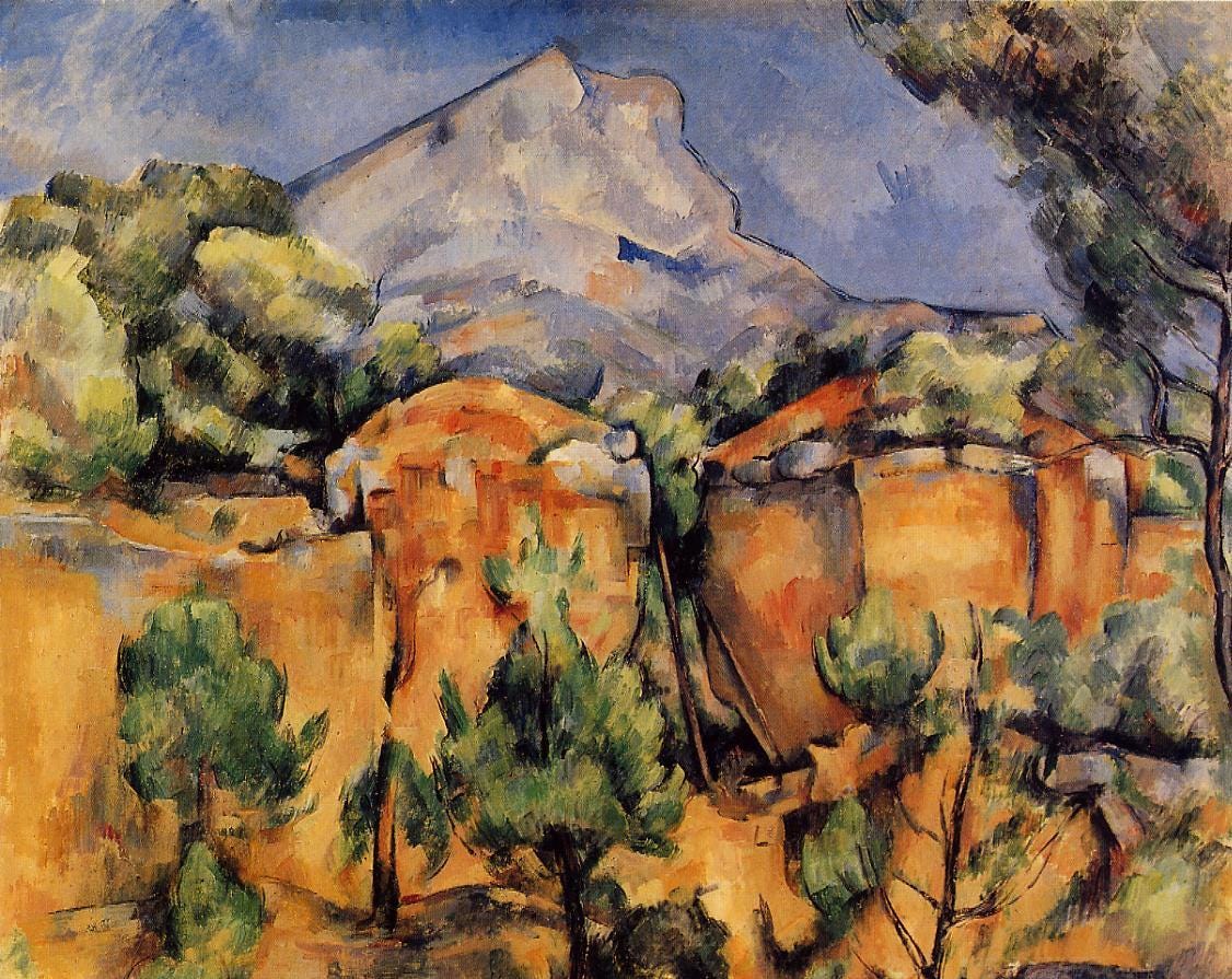 A flat, almost abstract painting of a mountain and trees